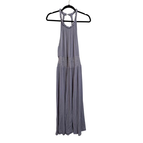Free People Braided Halter Maxi Dress Large Gray Boho Casual Summer Gauze A-Line - Picture 1 of 12